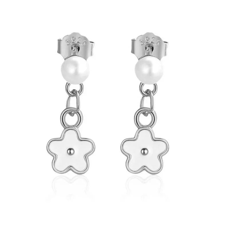TrustDavis 925 Sterling Silver Women's Fashion Sweet Flower Pearl Drop Earrings for Women Girls Jewelry Gift DS4366