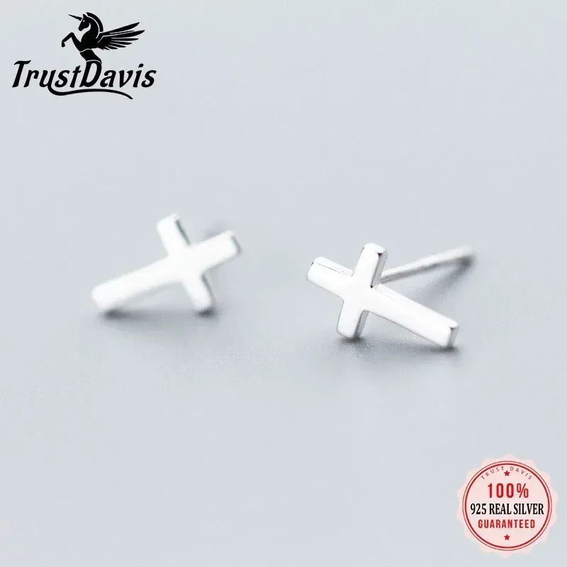 TrustDavis  925 Sterling Silver Fashion Authentic Minimalist Cross Stud Earrings Gift for Women Girls Anniversary Gift DS784