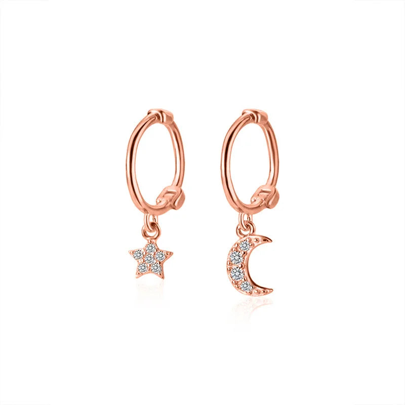 Trustdavis Authentic 925 Sterling Silver Fashion Star Moon Charm Hoop Earrings For Women Wedding Party Silver 925 Jewelry DS1771