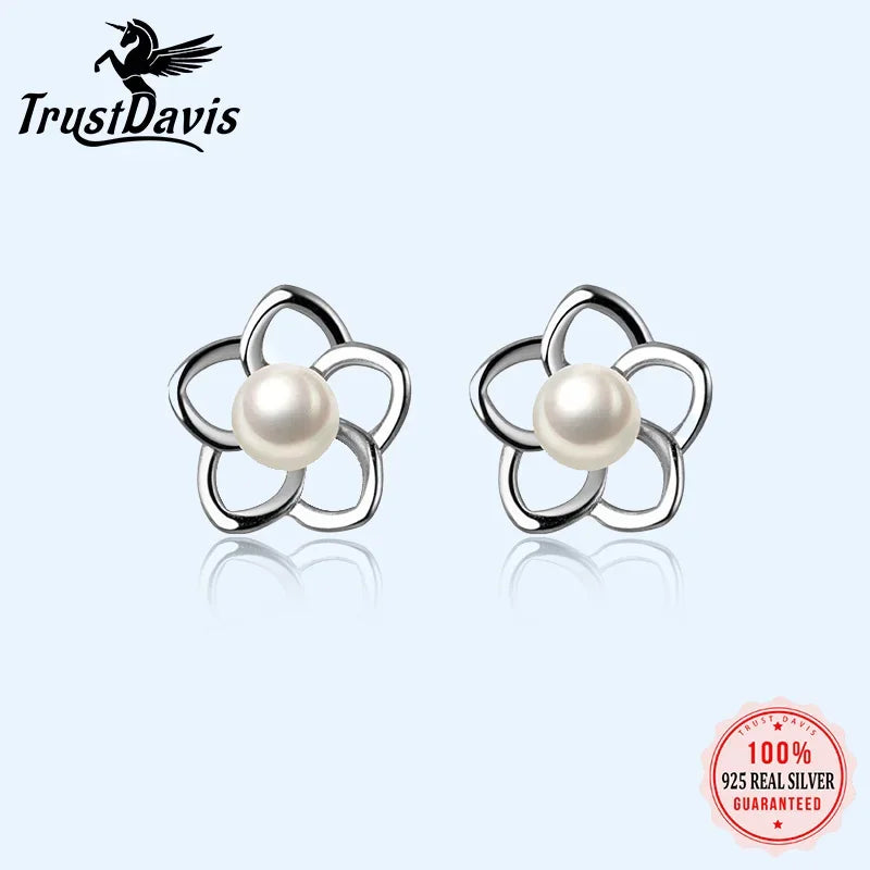 TrustDavis Real 925 Sterling Silver Sweet Flower Synthesis Pearl Stud Earrings For Women Wedding Party Fine 925 Jewelry DA2919