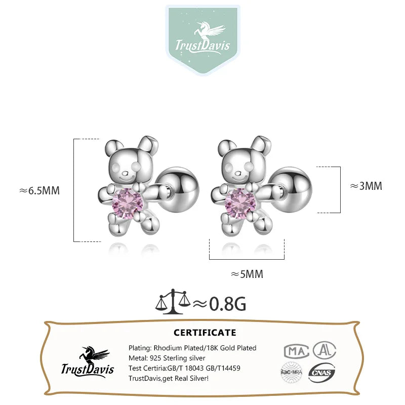 TrustDavis Girls Real 925 Sterling Silver Cute Pink Diamond Bear Stud Earring Gift for Women Girl Fine Jewelry Gift DB1428