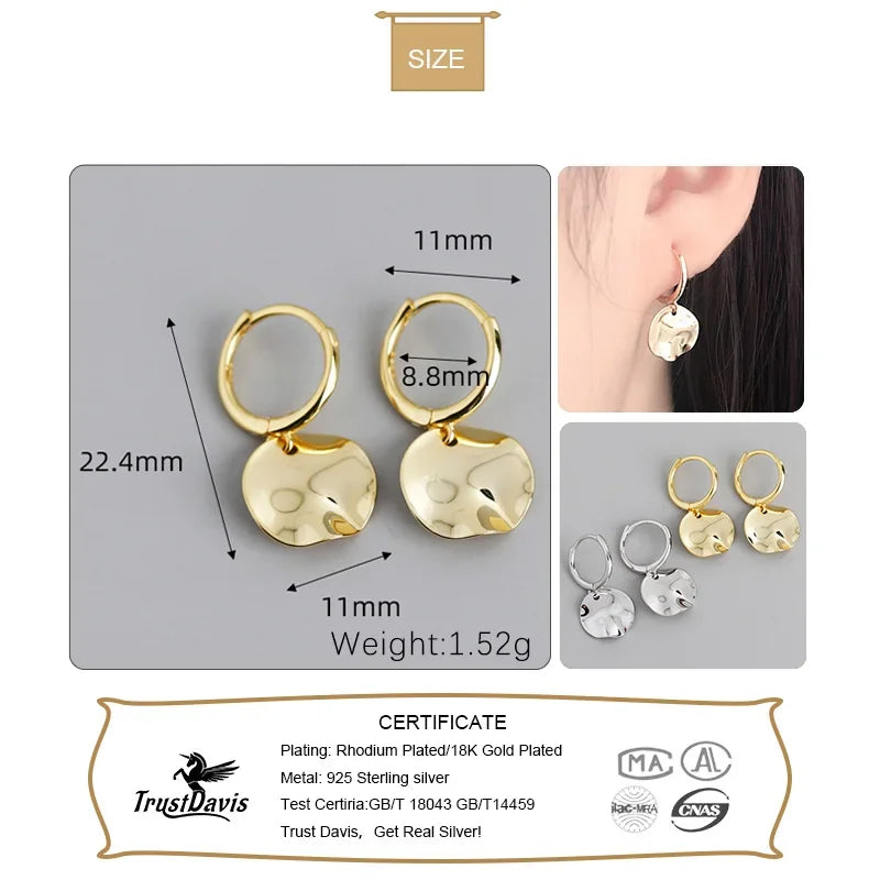 TrustDavis Real 925 Sterling Silver Sweet Geometric Round Uneven Pendant Hoop Earrings For Women Wedding Party Jewelry DA1133