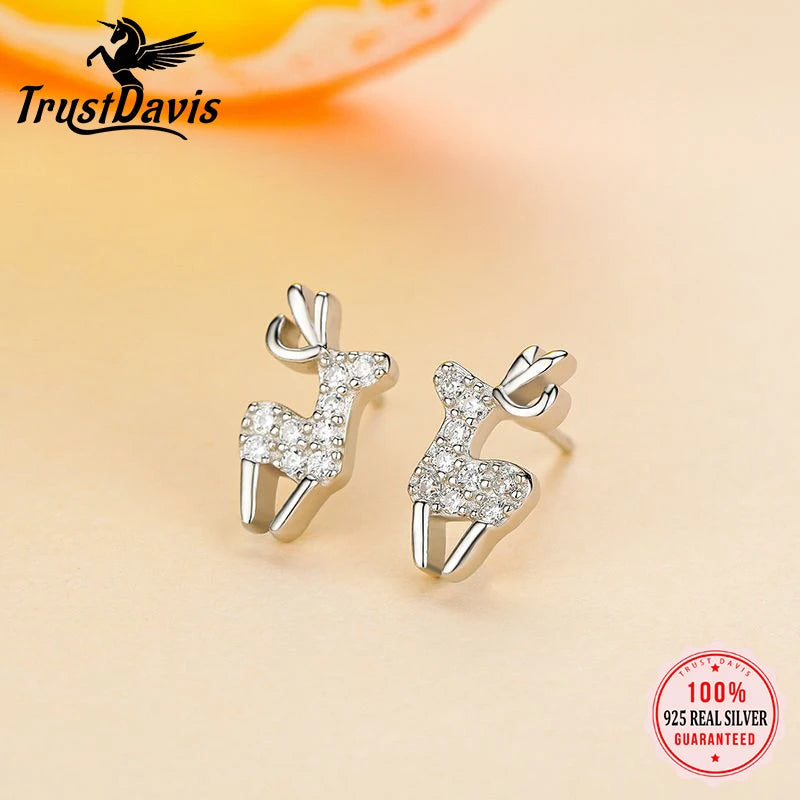 TrustDavis 925 Sterling Silver Women's Fashion Sweet Deer Zircon Animal Earrings for Women Girls Jewelry Gift DS4311