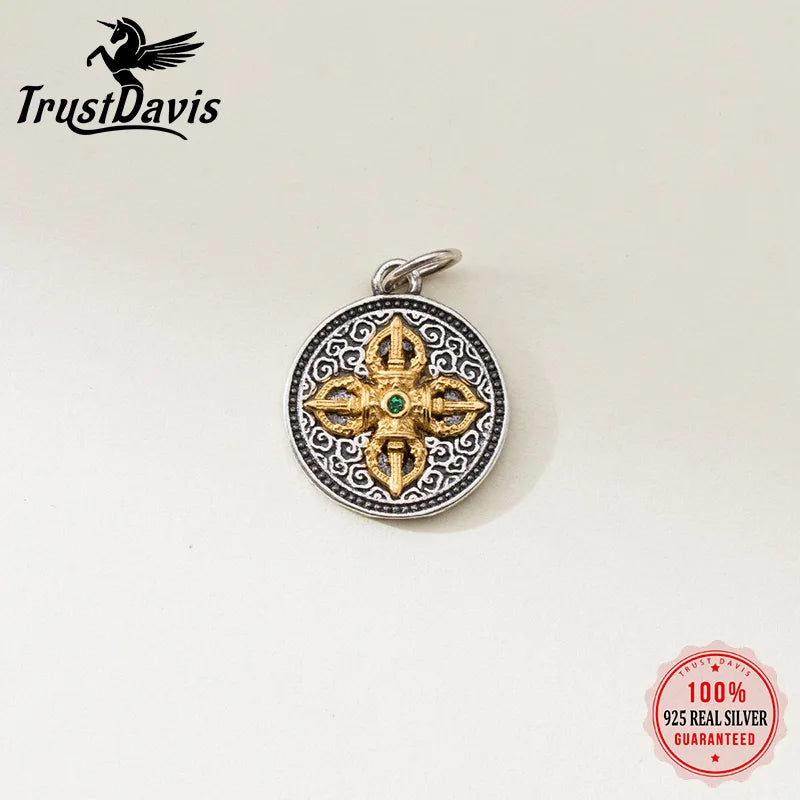 TrustDavis Real 925 Sterling Silver Retro 12mm Round Plate Charm Pendant Handmade DIY Accessories Wholesale DZ1783