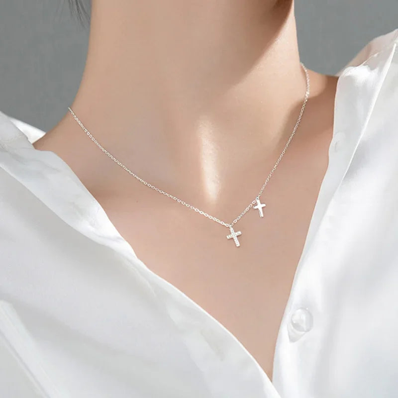 Trustdavis Real 925 Sterling Silver Fashion Double Cross CZ Pendant Short Clavicle Necklace For Women Wedding Fine Jewelry DA246