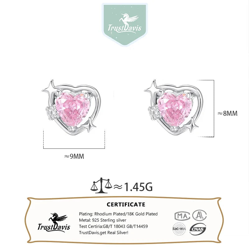 TrustDavis Real 925 Sterling Silver Heart Shaped Earrings Four-pointed Star Heart Zircon Earrings for Women Gift Jewelry DS4205
