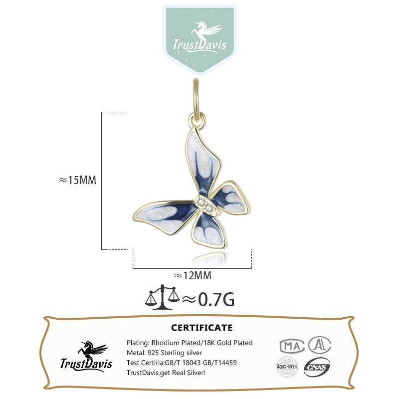 TrustDavis  New Real 925 Sterling Silver Fashion Glaze Insect Butterfly CZ Charm Pendant Handmade DIY Accessories Jewelry DZ74