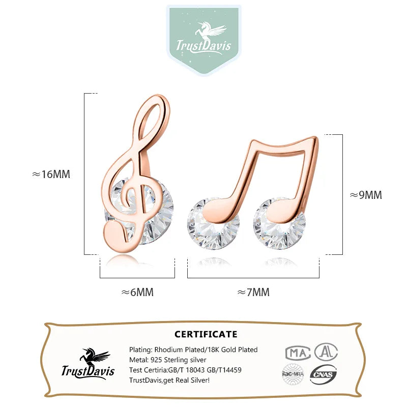 Trustdavis Genuine 925 Sterling Silver Sweet Asymmetric Music Notes CZ Stud Earrings For Woman Wedding Party Fine Jewelry DA1256