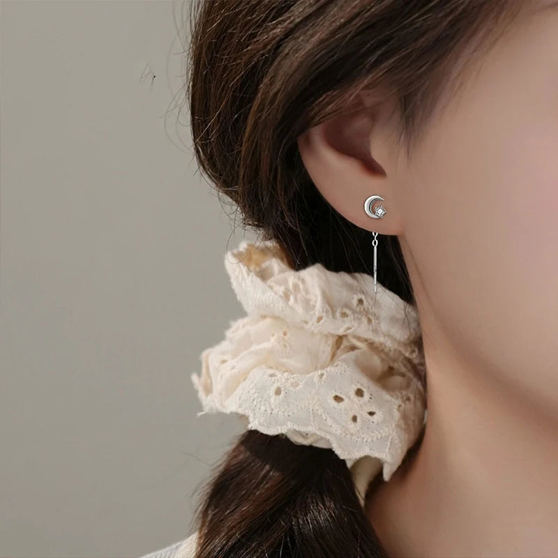 TrustDavis Real 925 Sterling SilverWomen's Simple Tassel Earrings Sweet Star and Moon Earrings for Women Gift Jewelry DA4206