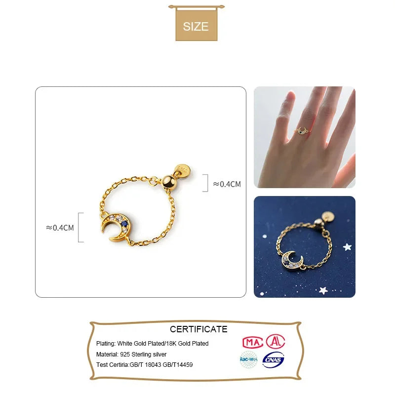 TrustDavis Genuine 925 Sterling Silver Cute Gold Moon Chain Adjustable Ring For Women Wedding Silver 925 Ring Jewelry Gift DA204