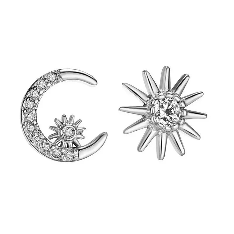 TrustDavis Real 925 Sterling Silver Sweet Asymmetry Dazzling CZ Moon Star Stud Earring For Women Party Fine Jewelry Gift DB1235