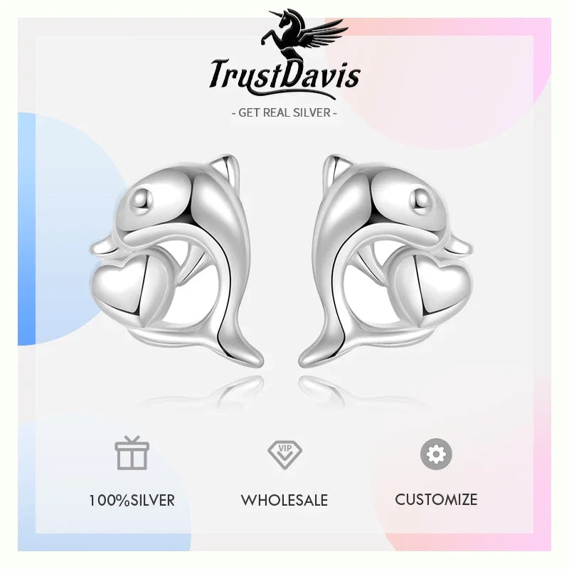 TrustDavis Real 925 Sterling Silver Cute Dolphin CZ Stud Earring for Women Daughter Birthday Gift Fine Jewelry DA3227
