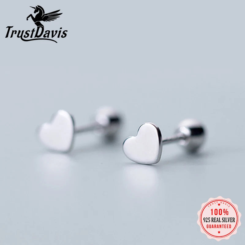 Trustdavis 100% 925 Sterling Silver Heart Screw Stud Earrings For Women Children Baby Girls Kids Mini Minimalist Jewelry DA77