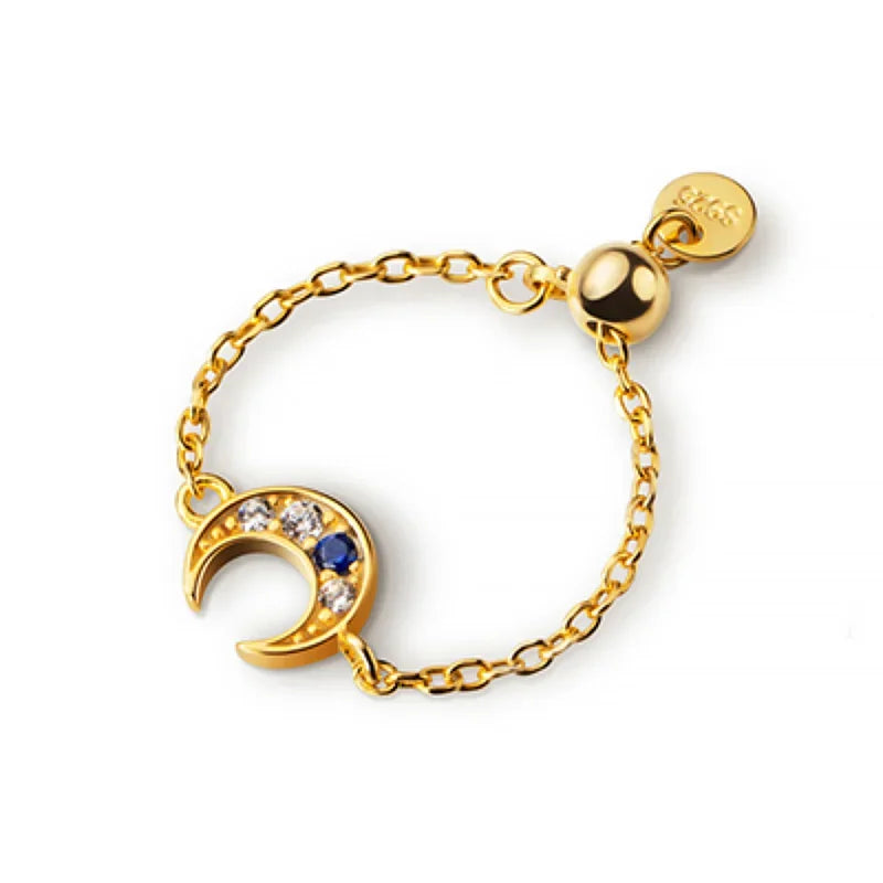 TrustDavis Genuine 925 Sterling Silver Cute Gold Moon Chain Adjustable Ring For Women Wedding Silver 925 Ring Jewelry Gift DA204