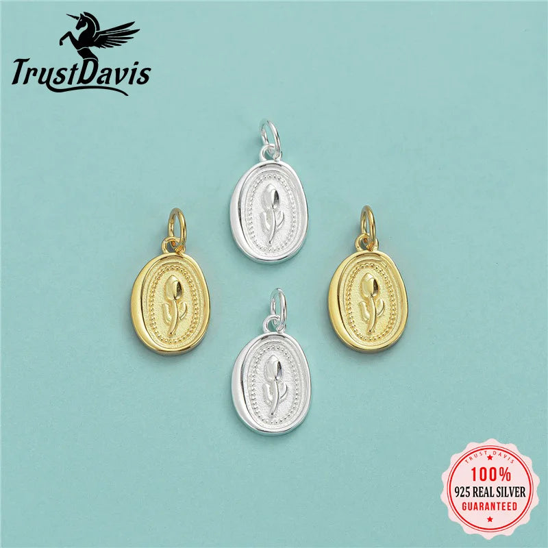 TrustDavis Real 925 Sterling Silver Fashion Oval Tulip Charm Pendant Handmade DIY Accessories Fine Jewelry Wholesale DZ1739
