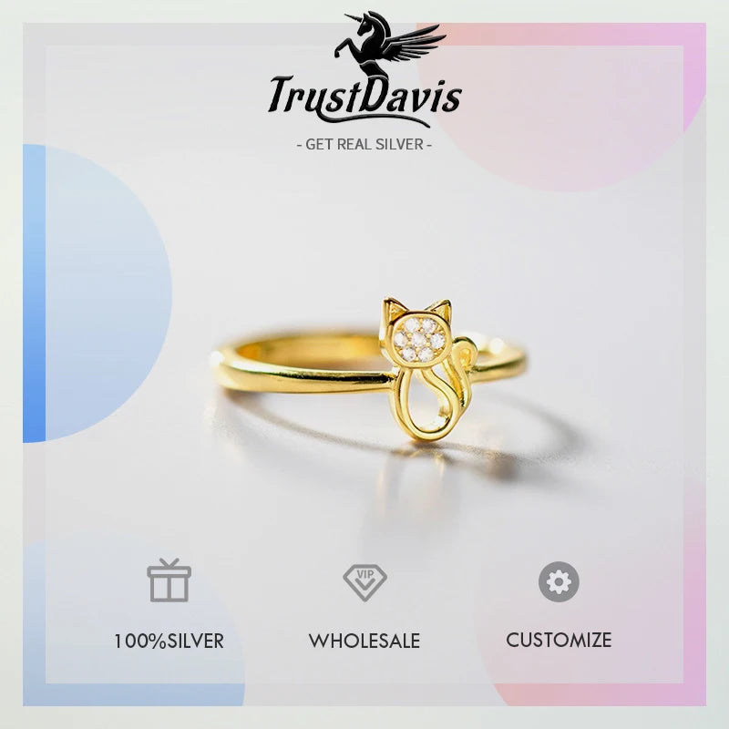 TrustDavis Real 925 Sterling Silver Fashion Cat with Zirconr Ring lAdjustable Ring for Women Wedding Party Fine Jewelry DS4173