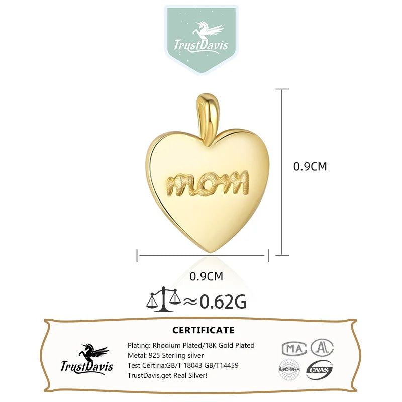 TrustDavis Real 925 Sterling Silver  Fashion Heart-shaped/mom Heart Pendant for Women Girl Birthday Gift Fine Jewelry DS4669
