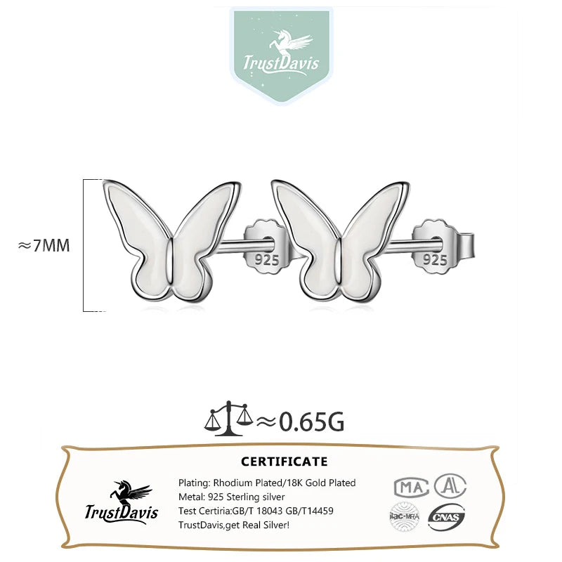 TrustDavis Real 925 Sterling Silver Women's Fashion Simple Epoxy White Butterfly Earrings for Women Girls Jewelry Gifts DS4254