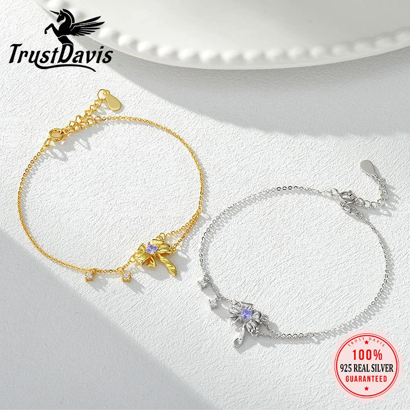 TrustDavis 925 Sterling Silver Women's Fashion Simple Smart Bowknot Zircon Bracelet for Women Girls Jewelry Gift DS4441