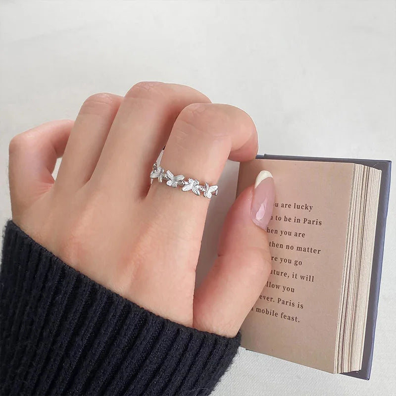TrustDavis 925 Sterling Silver Women's Rings Fashion Simple Striped Five Butterfly Ring for Women Girls Jewelry Gift DS4354