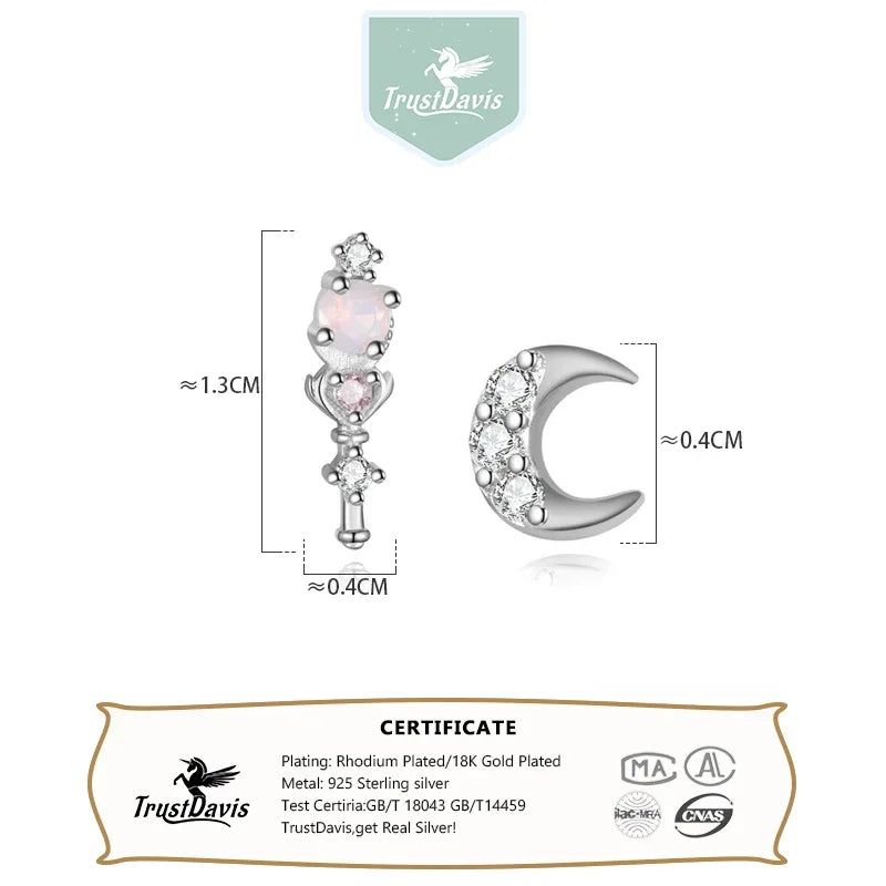 TrustDavis Authentic 925 Sterling Silver Pattern Moon Heart Stud Earrings for Women Girls Kids Birthday Gift Jewelry DS3873