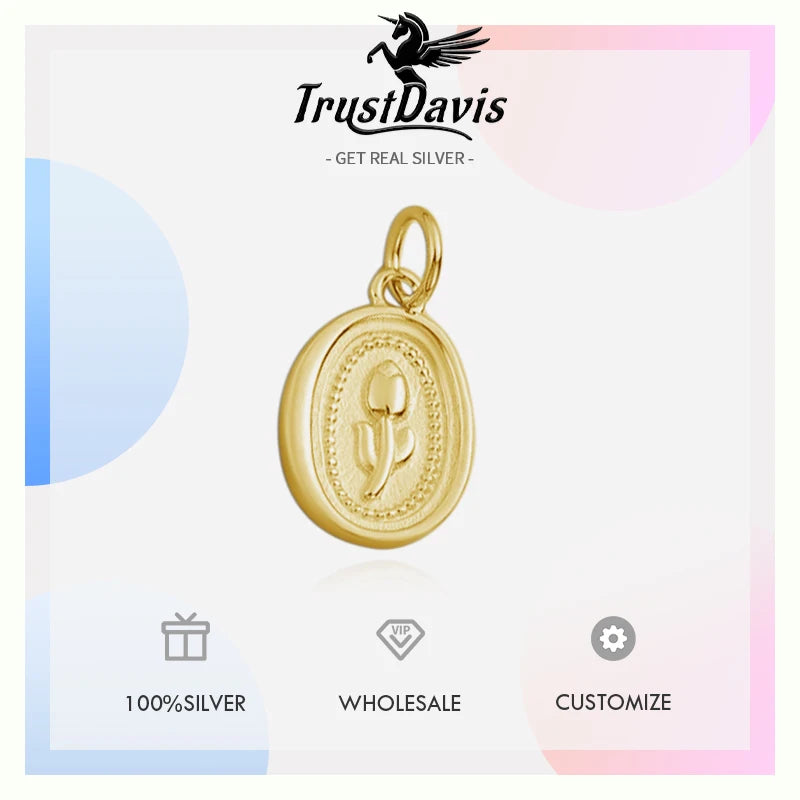 TrustDavis Real 925 Sterling Silver Fashion Oval Tulip Charm Pendant Handmade DIY Accessories Fine Jewelry Wholesale DZ1739
