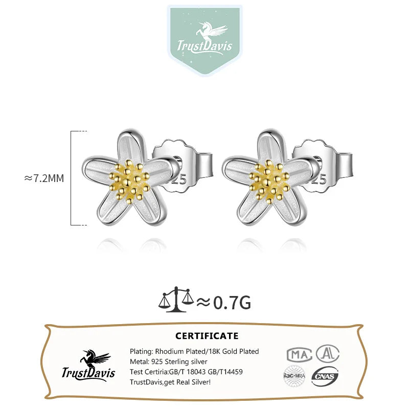 TrustDavis 2024 Real 925 Sterling Silver Sweet Flower Plant Stud Earrings For Mom Daughter Children Birthday Gift Jewelry DS4499
