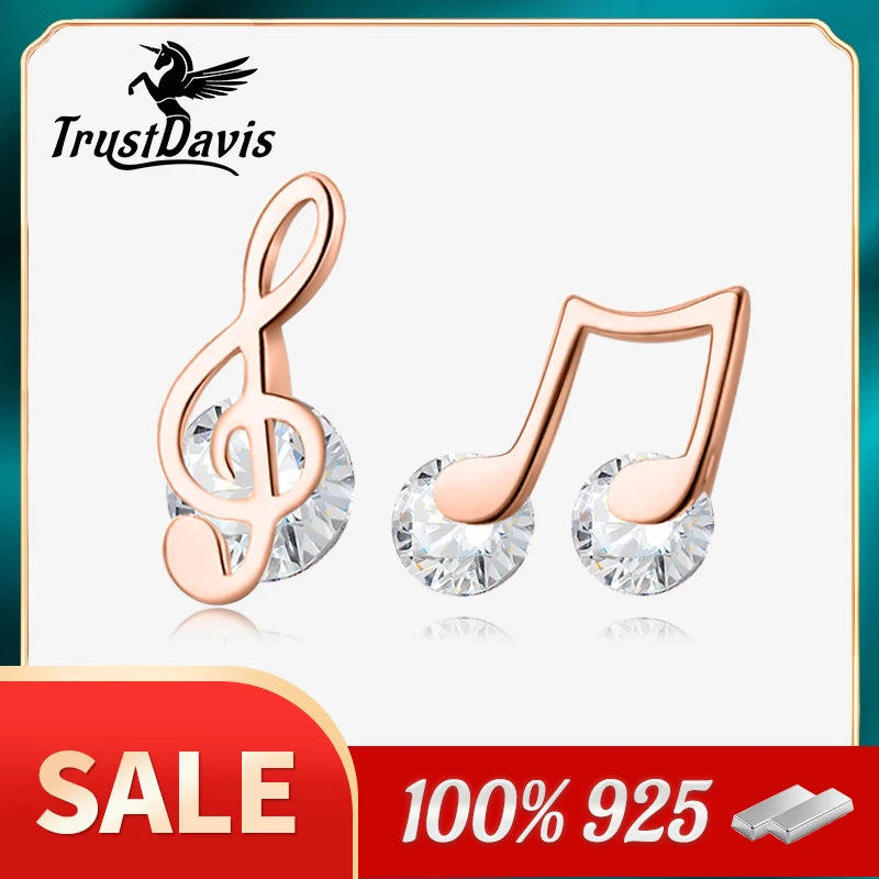 Trustdavis Genuine 925 Sterling Silver Sweet Asymmetric Music Notes CZ Stud Earrings For Woman Wedding Party Fine Jewelry DA1256