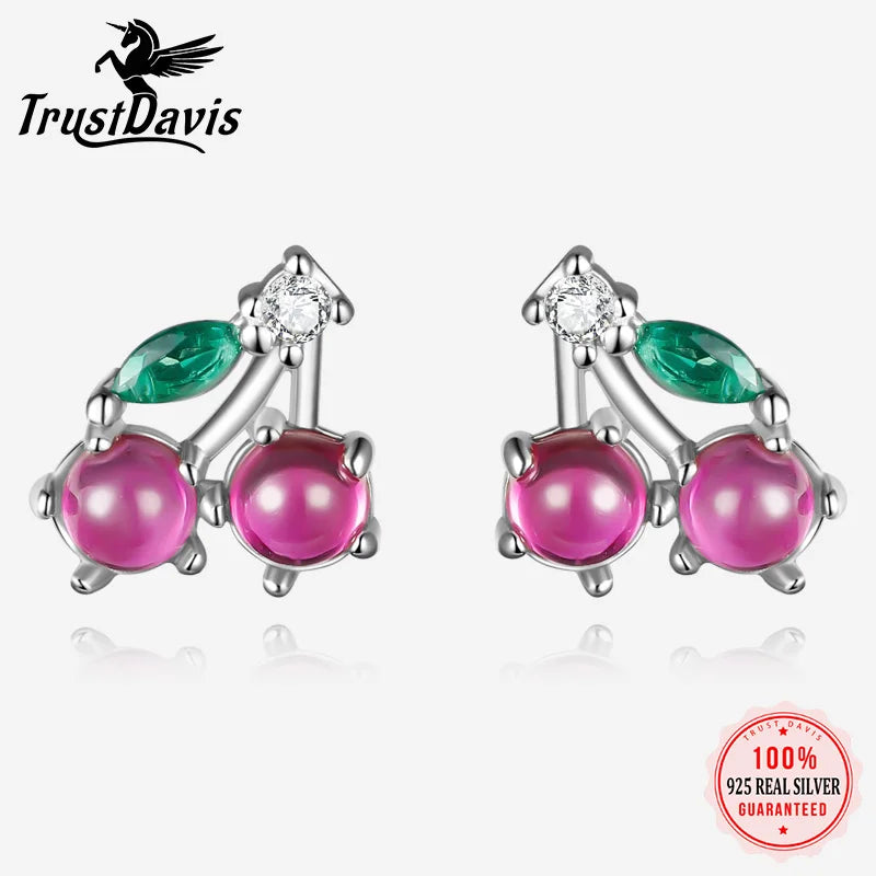 Real 925 Sterling Silver Sweet Cherry Zircon Screw Earrings DA4164