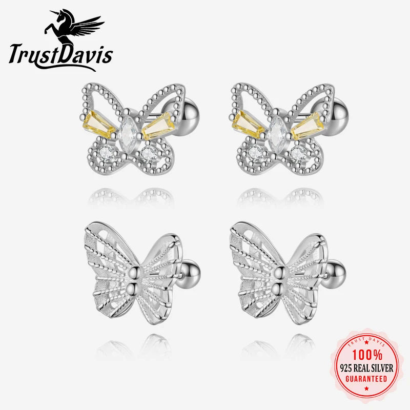 Trustdavis Girls Real 925 Sterling Silver Cute Butterfly Zircon Stud Earrings Women Daughter Birthday Party Gift Jewelry  DS4363