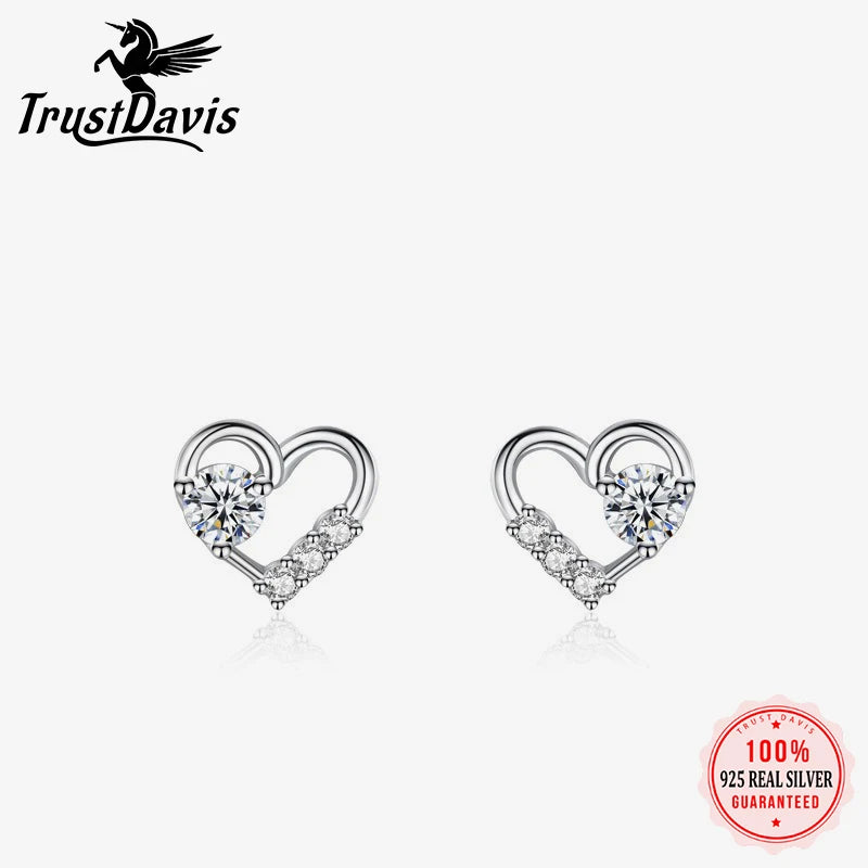 TrustDavis 925 Sterling Silver Women's Fashion Simple Heart-shaped Zircon Stud Earrings for Women Girls Jewelry Gift DS4261