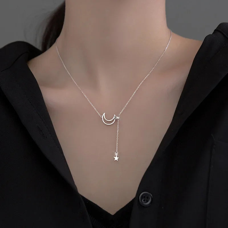 Moon Star Tassel Pendant Clavicle Choker Necklace For Women Fine Jewelry DB1205