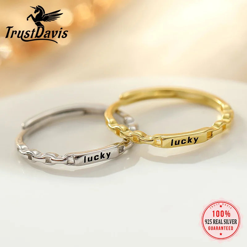 TrustDavis Real 925 Sterling Silver Women's Fashion Lucky Letter Ring Thin Stacking Letter Ring for Women Gift Jewelry DS4227