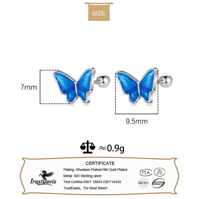 TrustDavis Real 925 Sterling Silver Colour Glaze Insect Butterfly Screw Stud Earrings For Daughter Girls Fine Jewelry Gift DF327