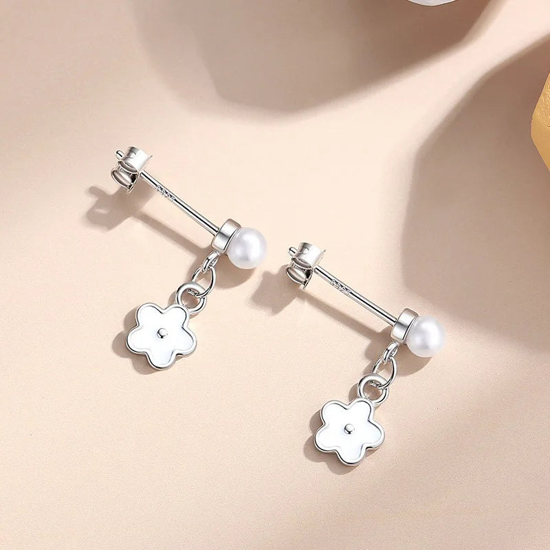 TrustDavis 925 Sterling Silver Women's Fashion Sweet Flower Pearl Drop Earrings for Women Girls Jewelry Gift DS4366