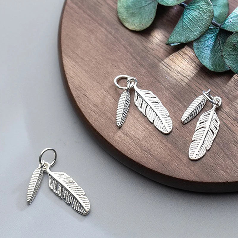 TrustDavis New Real 925 Sterling Silver Personality Double Feathers Charm Pendant Handmade DIY Accessories Wholesale DZ1716