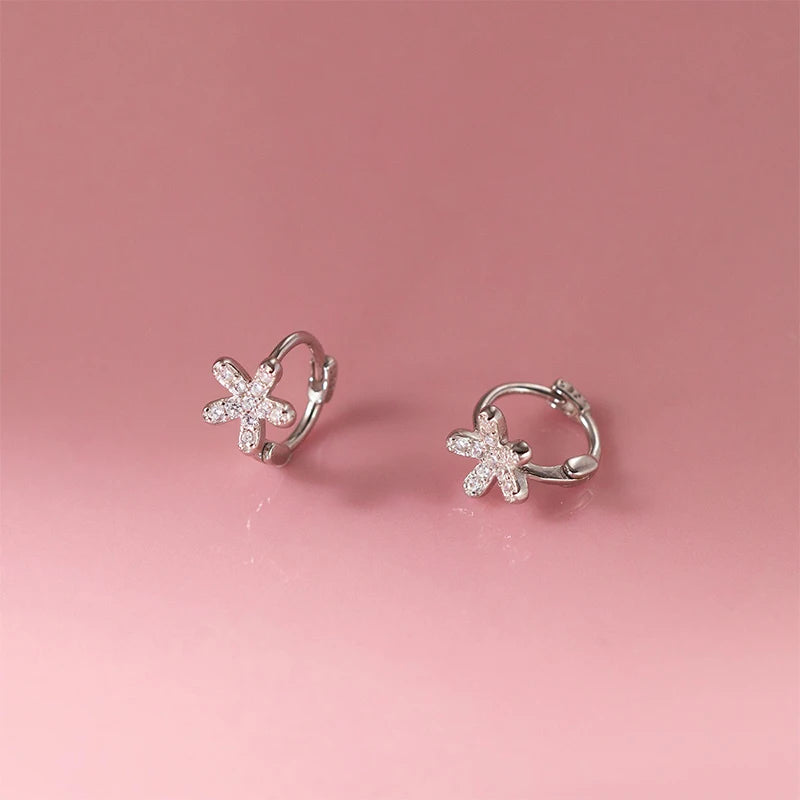 Flower Hoop Earrings Dainty Pave CZ Small Floral Earrings DS5002