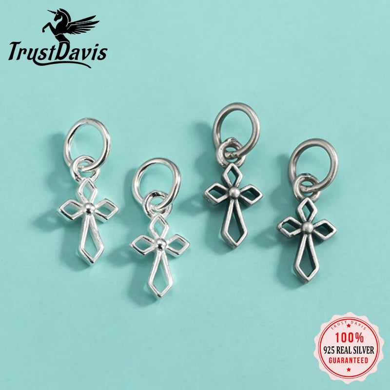 TrustDavis Real 925 Sterling Silver Vintage Openwork Cross Charm Pendant Handmade DIY Accessories Fine Jewelry Wholesale DZ1792