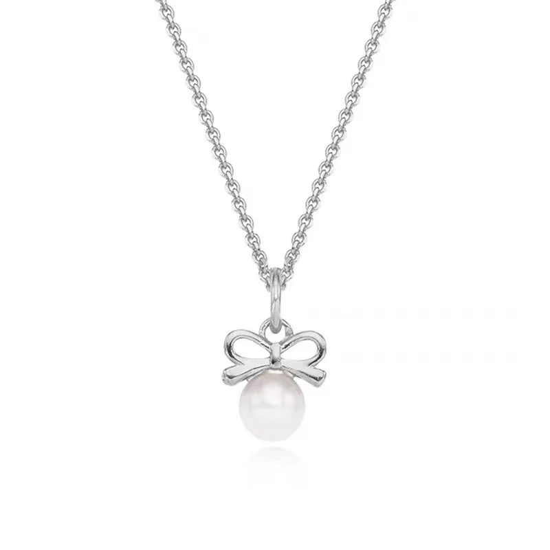 TrustDavis Real 925 Sterling Silver Fashion Personality Pearl Bow Necklace for Women Wedding Party S925 Jewelry DA1630