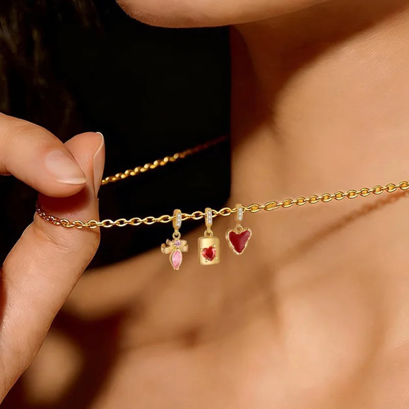 TrustDavis 925 Sterling Silver Red Enamel Heart Pink Zircon Bow Pendant DIY Necklace Bracelet Accessories Fine Jewelry DZ1846