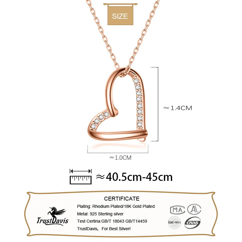 Trustdavis Real 925 Sterling Silver Romantic Heart Shiny CZ Pendant Clavicle Necklace For Women Wedding Party Jewelry DS1098