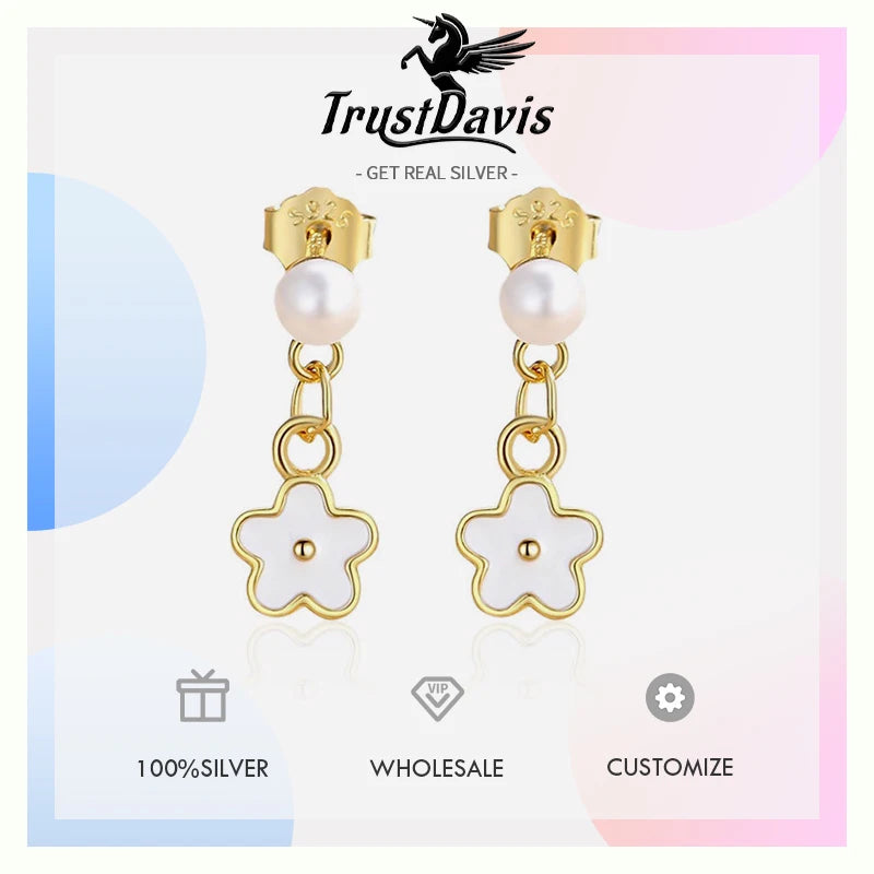 TrustDavis 925 Sterling Silver Women's Fashion Sweet Flower Pearl Drop Earrings for Women Girls Jewelry Gift DS4366