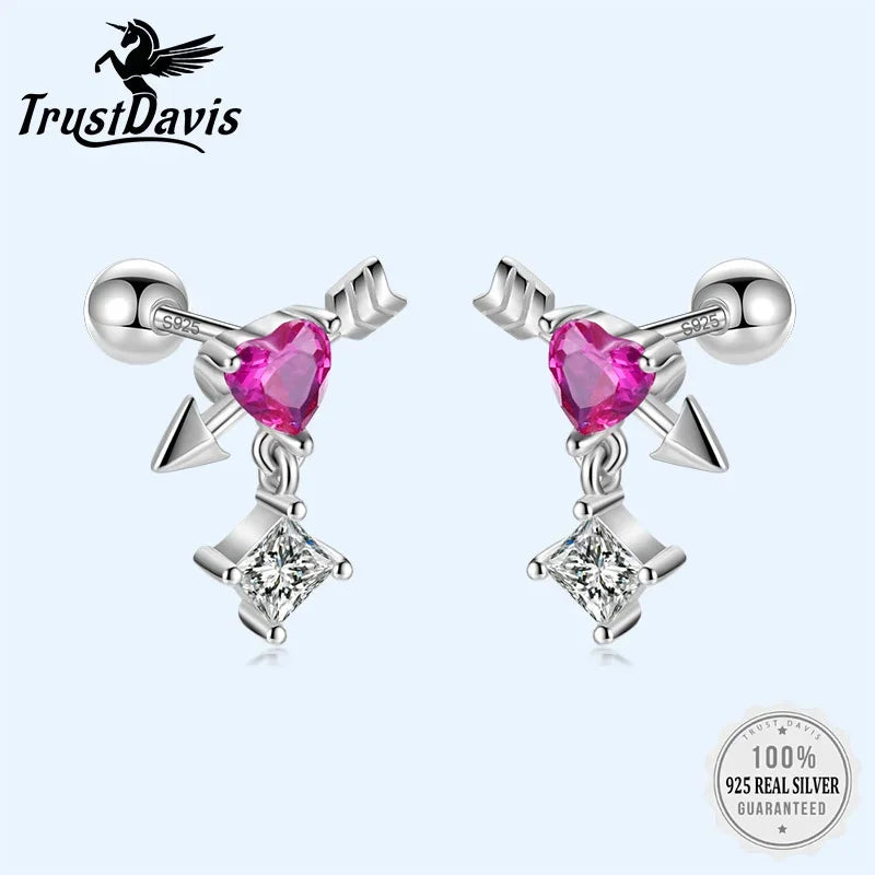 TrustDavis Real 925 Sterling Silver Heart Arrow Shiny CZ Screw Stud Earrings For Women Wedding Valentine's Day Jewelry DF236