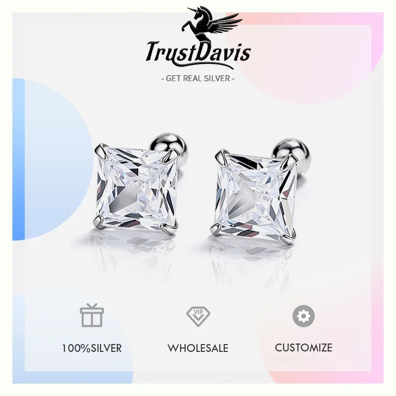 Silver 4 Prong Princess Cut CZ Screw Earrings DS5008