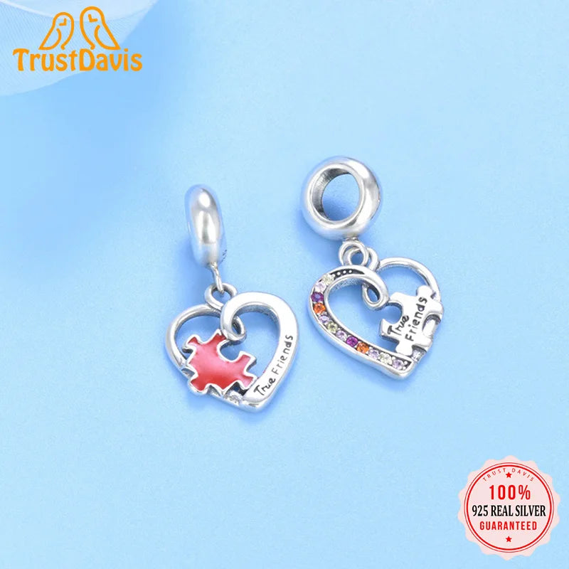TrustDavis  New Real 925 Sterling Silver Fashion Cute Romantic Heart Charm Pendant Handmade DIY Accessories Wholesale DZ1633