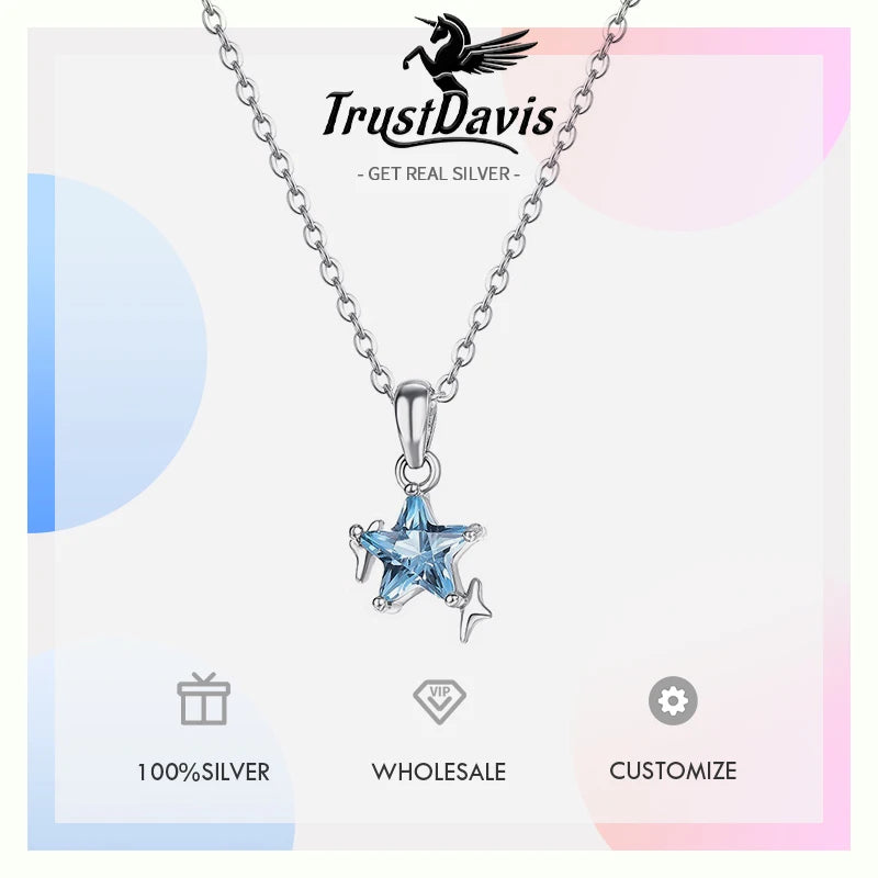 TrustDavis 925 Sterling Silver Women's Necklace Fashion Simple Blue Star Pendant Necklace for Women Girls Jewelry Gift DS4652