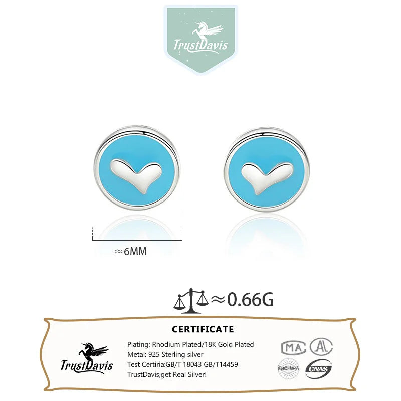TrustDavis 925 Sterling Silver Women's Earrings Fashion Simple Round Blue Heart Earrings for Women Girls Jewelry Gift DS4359