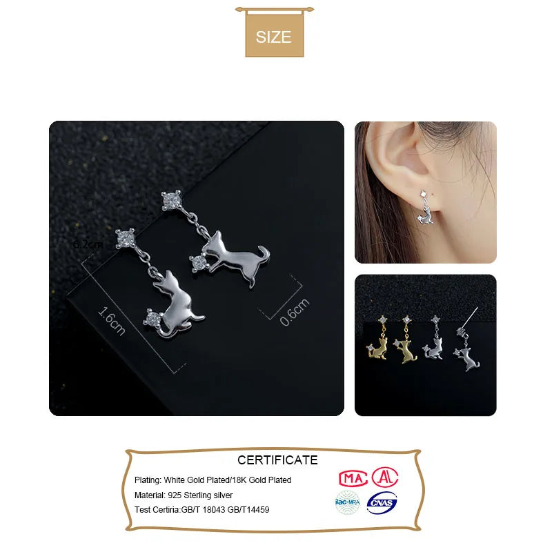 TrustDavis 100% 925 Sterling Silver Cat Stud Earring Fashion Jewelry Gift For Women Daughter Girls Teens Birthday H069