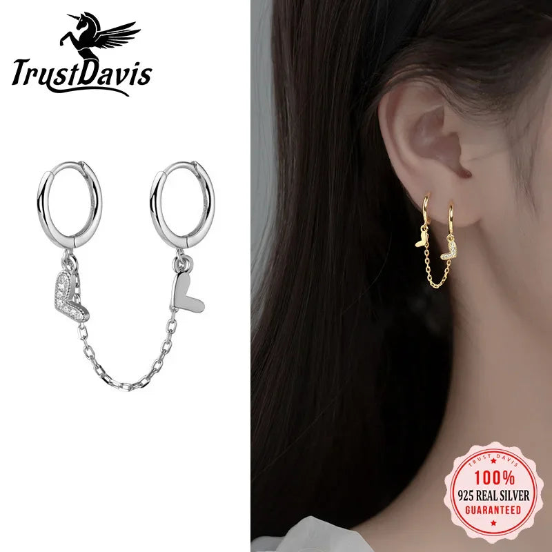 TrustDavis 1Pcs Real 925 Sterling Silver Fashion Heart Chain Double Hoop Earrings For Women Wedding Party Fine Jewelry DA2287