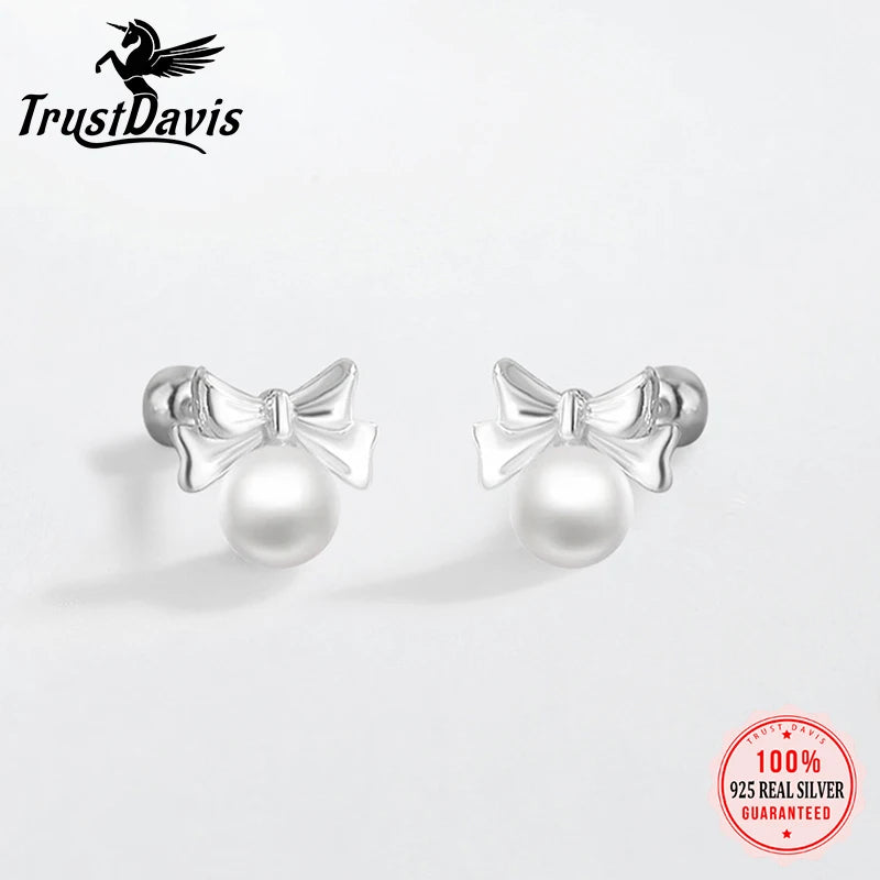 Trustdavis Real 925 Sterling Silver Fashion Classic Pearl Round Stud Earrings for Women Gift Birthday Present Jewelry  DS4008